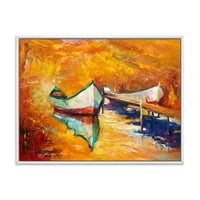 סירה קטנה במהלך חם וכתום ערב ממוסגר ציור בד אמנות הדפסה