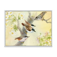 אמנות עיצוב 'ציפורים יושבות על עץ תפוח פורח' הדפסת אמנות קיר בד ממוסגרת מסורתית