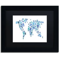 סימן מסחרי אמנות רובוט מפה של העולם כחול בד אמנות על ידי מייקל טומפסט, שחור מט, שחור מסגרת